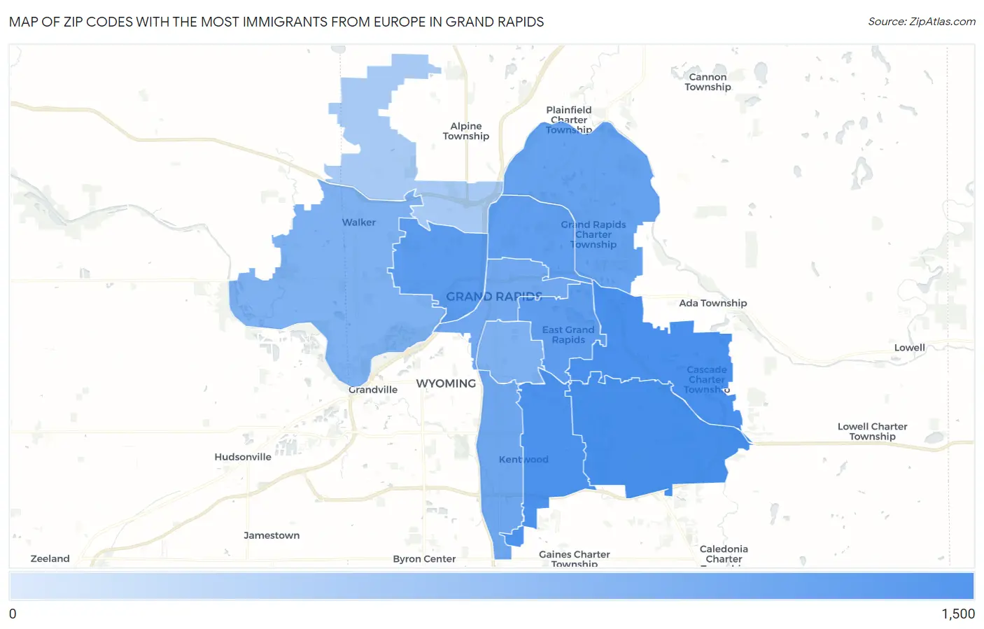 Zip Codes with the Most Immigrants from Europe in Grand Rapids Map