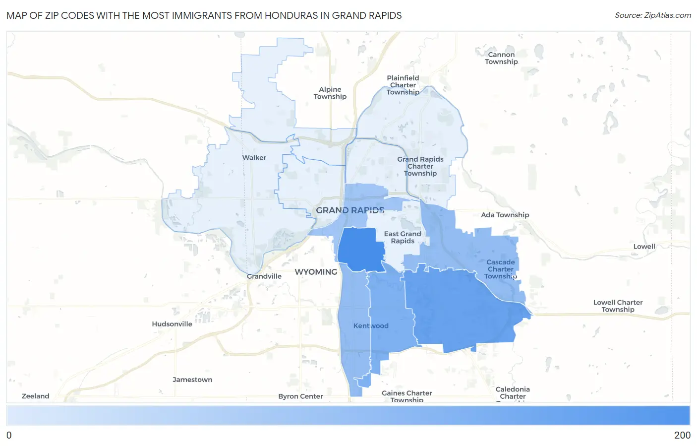 Zip Codes with the Most Immigrants from Honduras in Grand Rapids Map