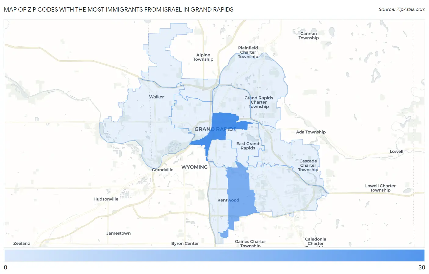 Zip Codes with the Most Immigrants from Israel in Grand Rapids Map