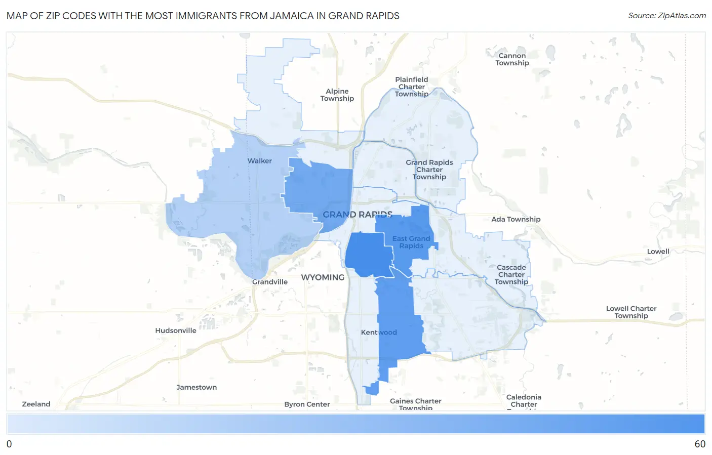 Zip Codes with the Most Immigrants from Jamaica in Grand Rapids Map
