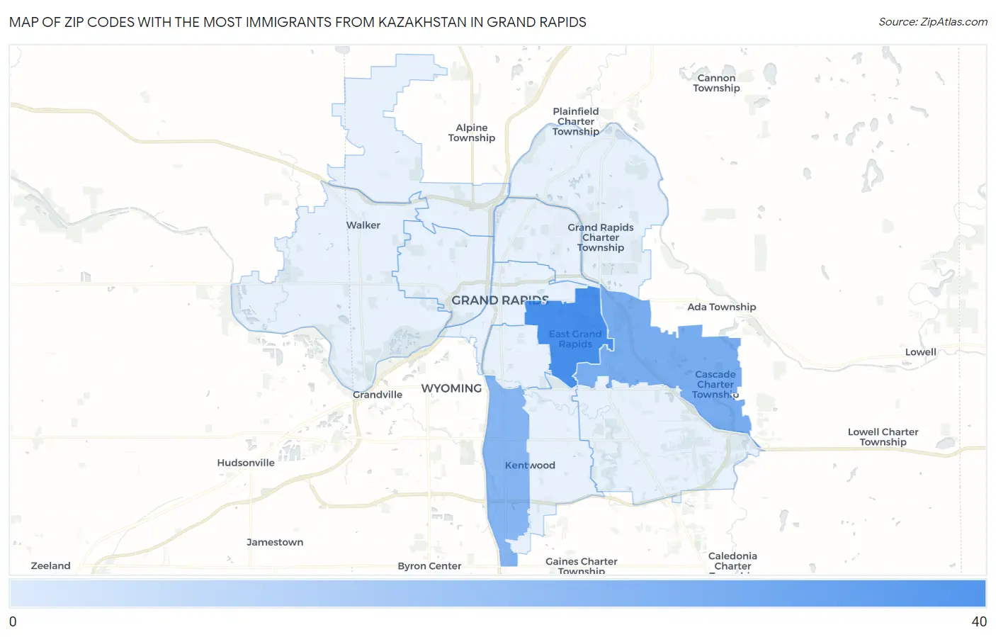 Zip Codes with the Most Immigrants from Kazakhstan in Grand Rapids Map