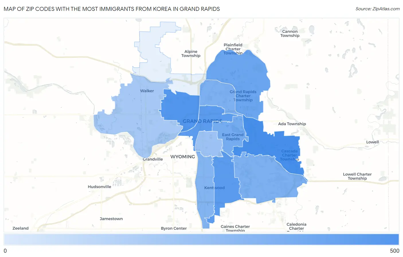 Zip Codes with the Most Immigrants from Korea in Grand Rapids Map