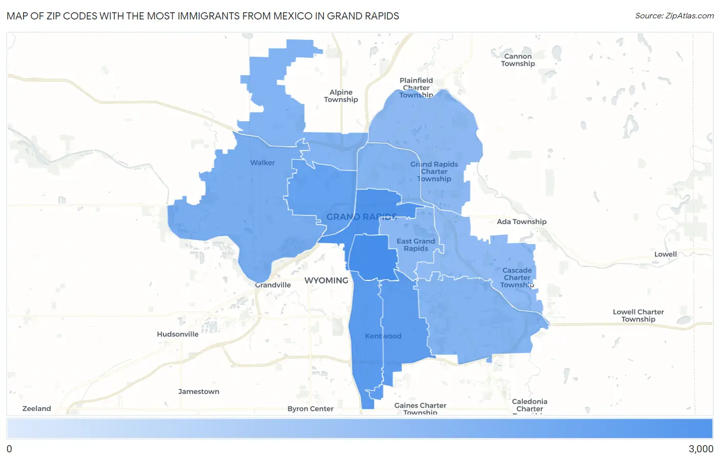 Zip Codes with the Most Immigrants from Mexico in Grand Rapids Map