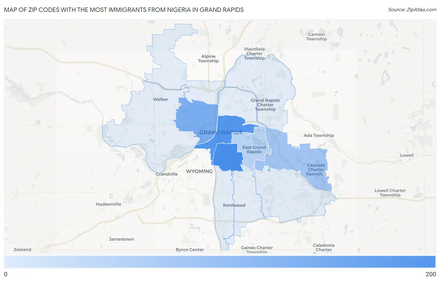 Zip Codes with the Most Immigrants from Nigeria in Grand Rapids Map