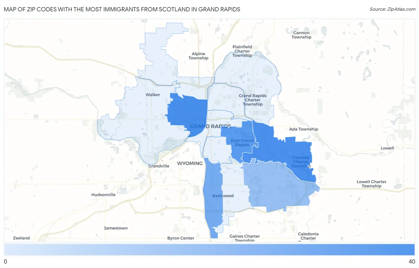 Zip Codes with the Most Immigrants from Scotland in Grand Rapids Map