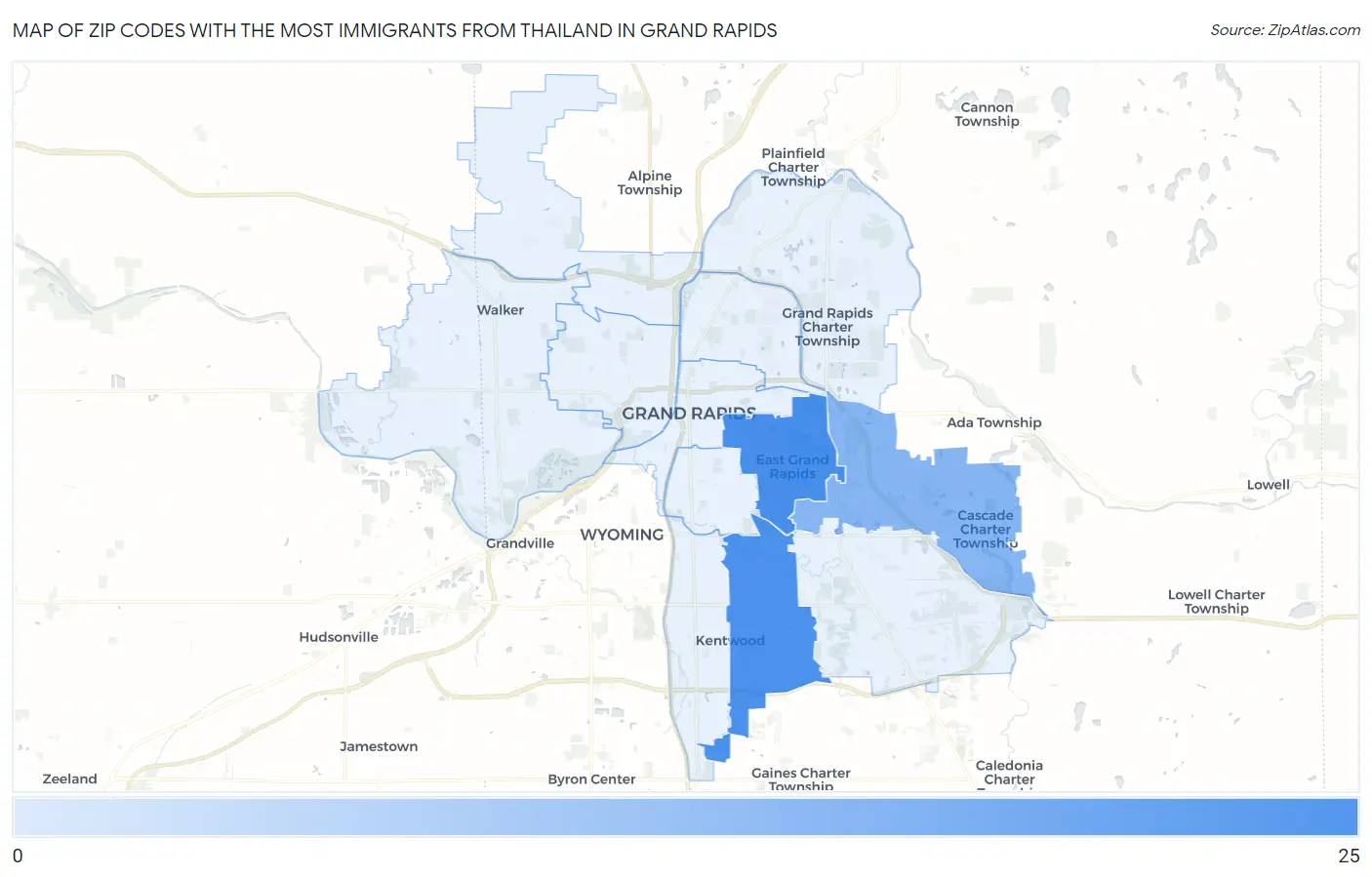 Zip Codes with the Most Immigrants from Thailand in Grand Rapids Map
