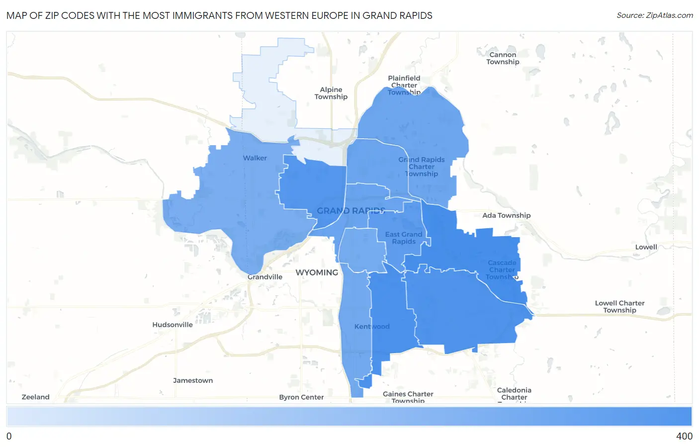 Zip Codes with the Most Immigrants from Western Europe in Grand Rapids Map
