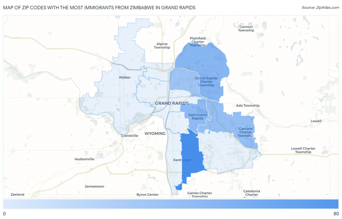 Zip Codes with the Most Immigrants from Zimbabwe in Grand Rapids Map