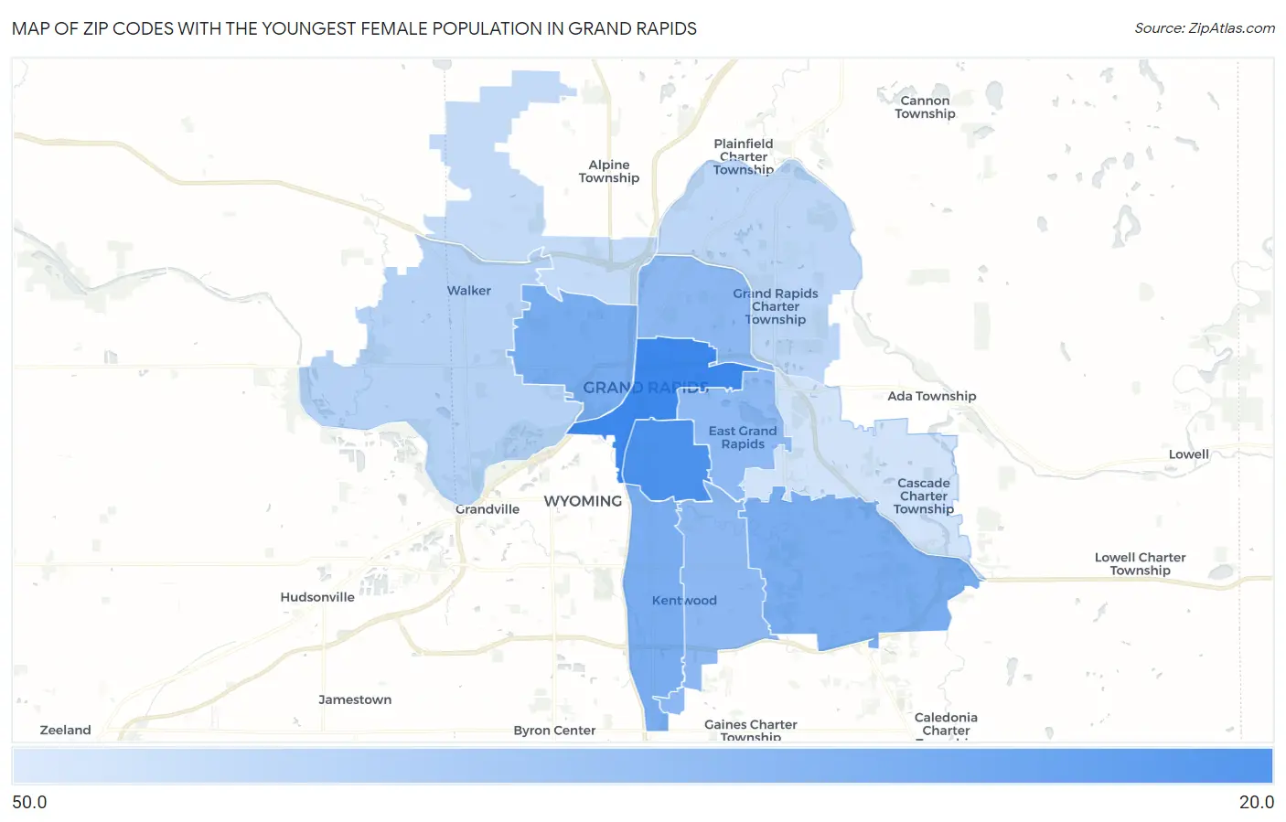 Zip Codes with the Youngest Female Population in Grand Rapids Map