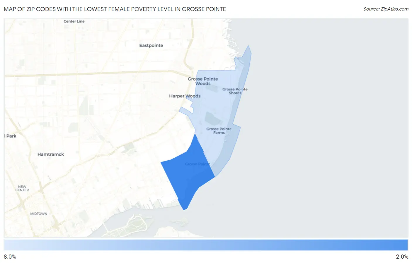 Zip Codes with the Lowest Female Poverty Level in Grosse Pointe Map