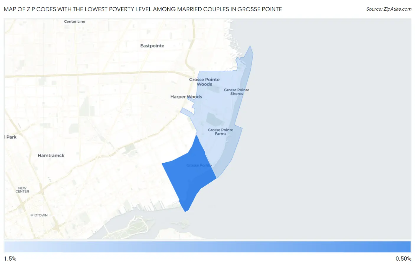 Zip Codes with the Lowest Poverty Level Among Married Couples in Grosse Pointe Map