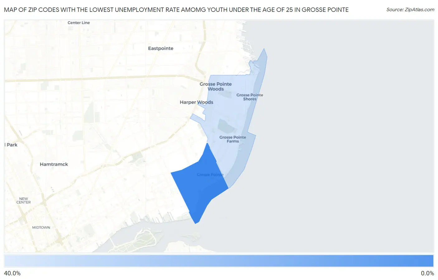 Zip Codes with the Lowest Unemployment Rate Amomg Youth Under the Age of 25 in Grosse Pointe Map