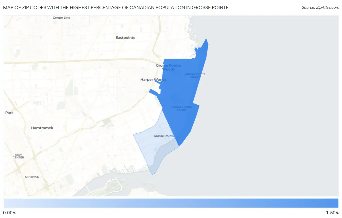 Zip Codes with the Highest Percentage of Canadian Population in Grosse Pointe Map