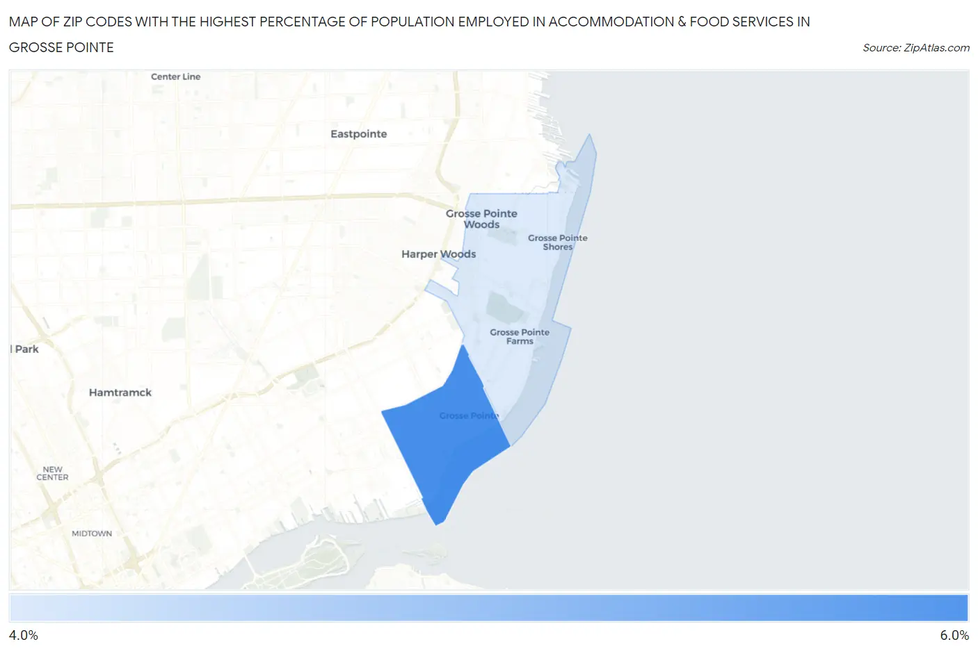 Zip Codes with the Highest Percentage of Population Employed in Accommodation & Food Services in Grosse Pointe Map