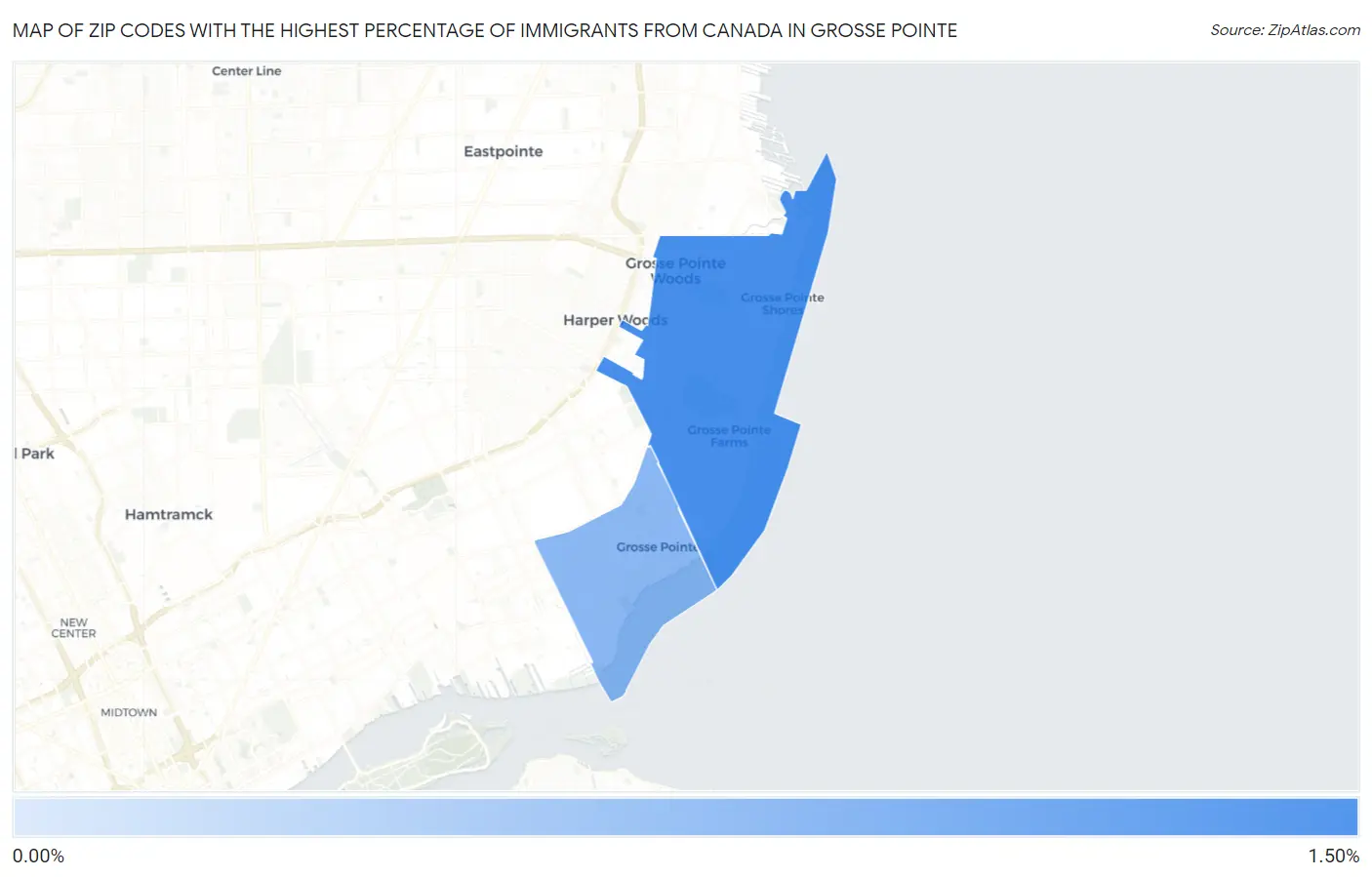 Zip Codes with the Highest Percentage of Immigrants from Canada in Grosse Pointe Map