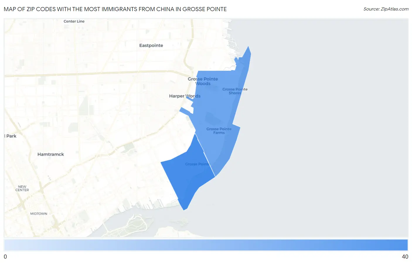 Zip Codes with the Most Immigrants from China in Grosse Pointe Map