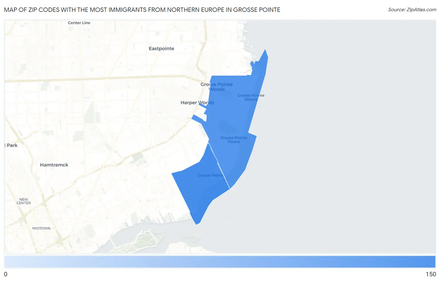 Zip Codes with the Most Immigrants from Northern Europe in Grosse Pointe Map