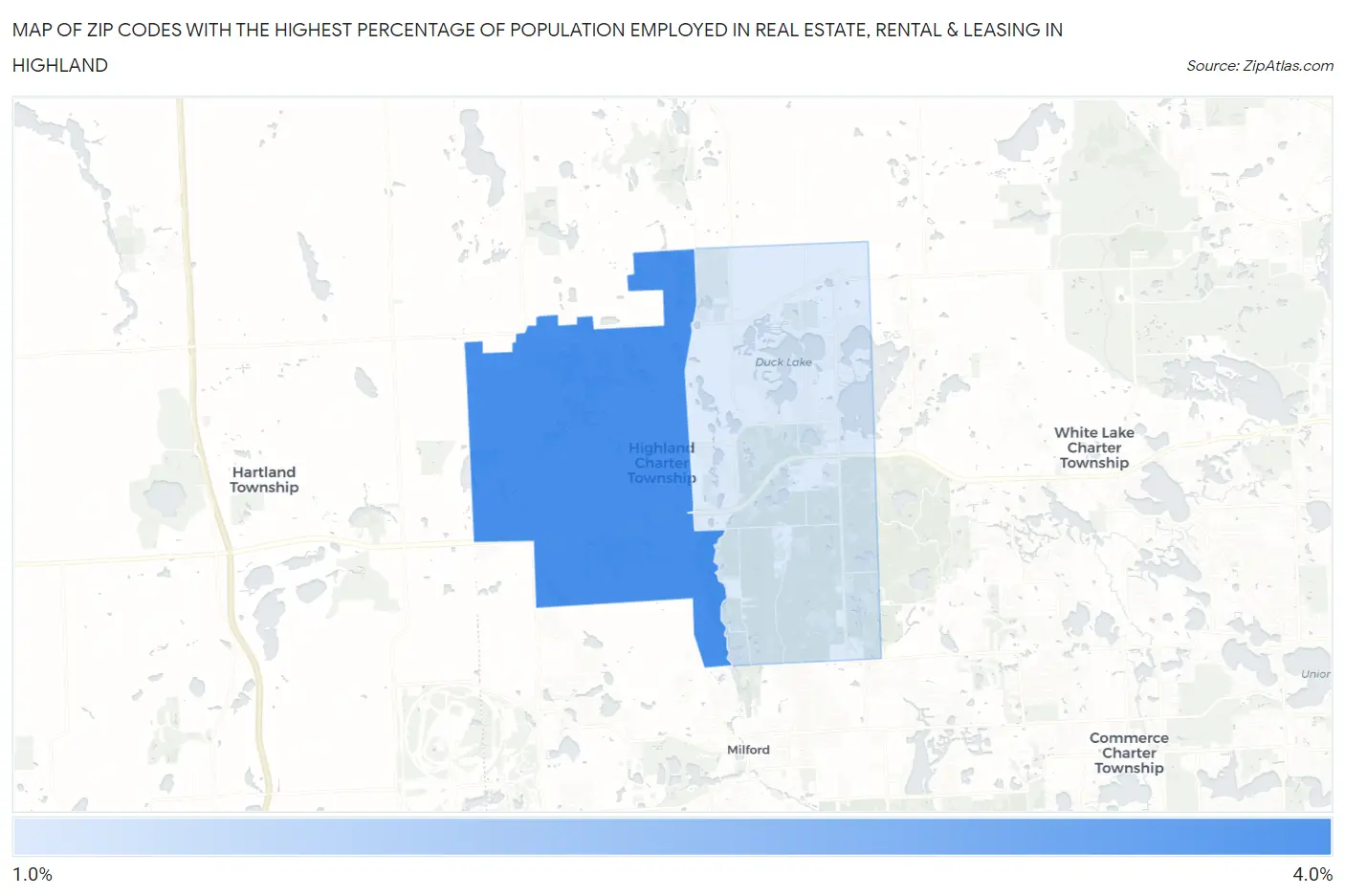 Zip Codes with the Highest Percentage of Population Employed in Real Estate, Rental & Leasing in Highland Map