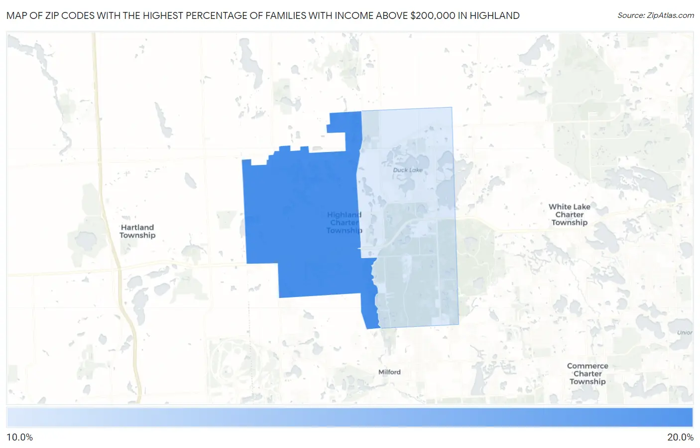 Zip Codes with the Highest Percentage of Families with Income Above $200,000 in Highland Map