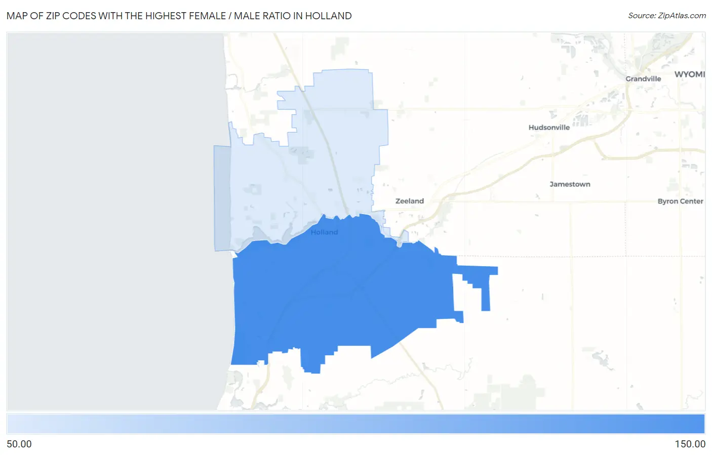 Zip Codes with the Highest Female / Male Ratio in Holland Map