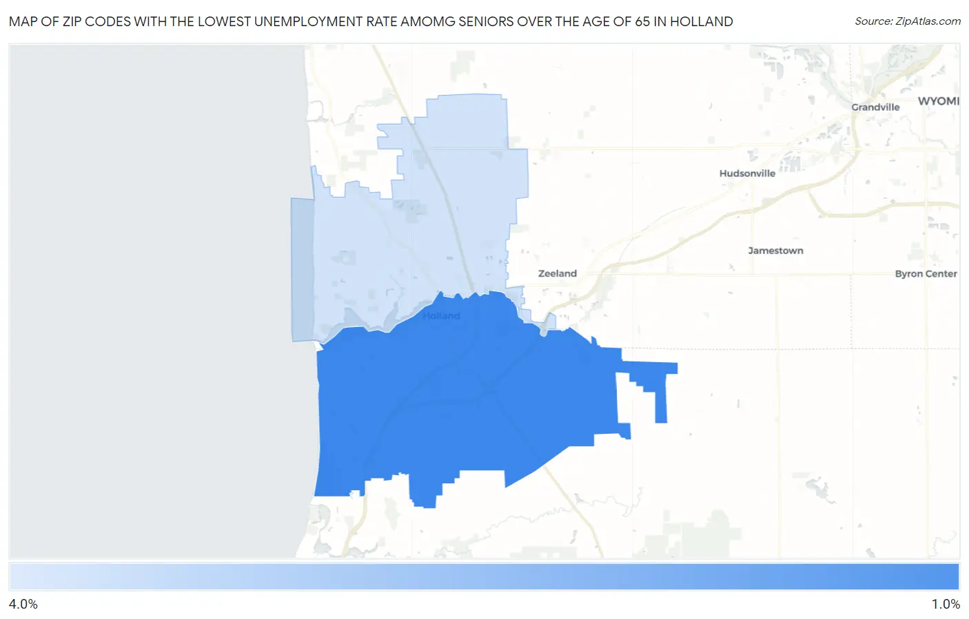Zip Codes with the Lowest Unemployment Rate Amomg Seniors Over the Age of 65 in Holland Map
