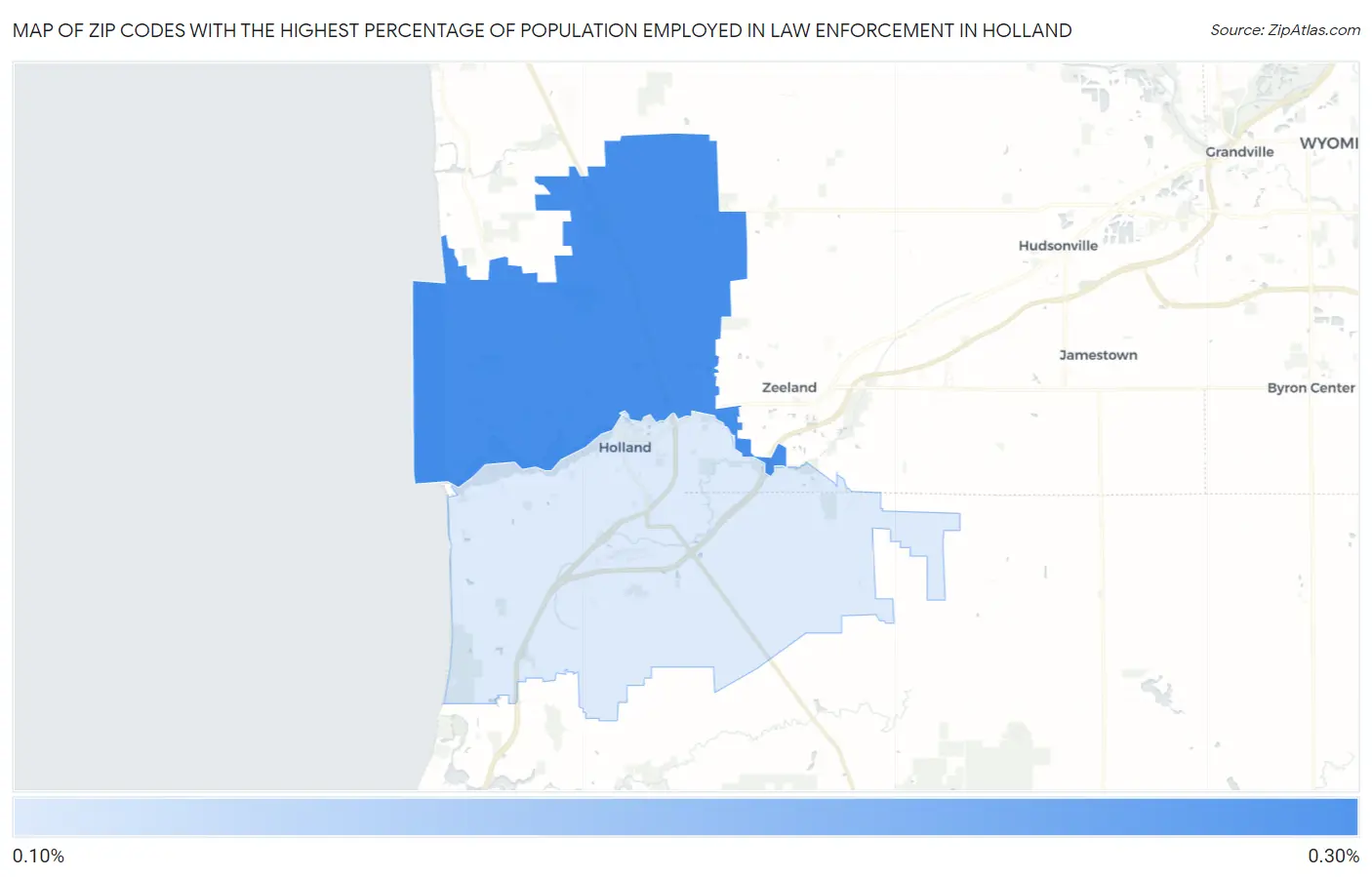 Zip Codes with the Highest Percentage of Population Employed in Law Enforcement in Holland Map