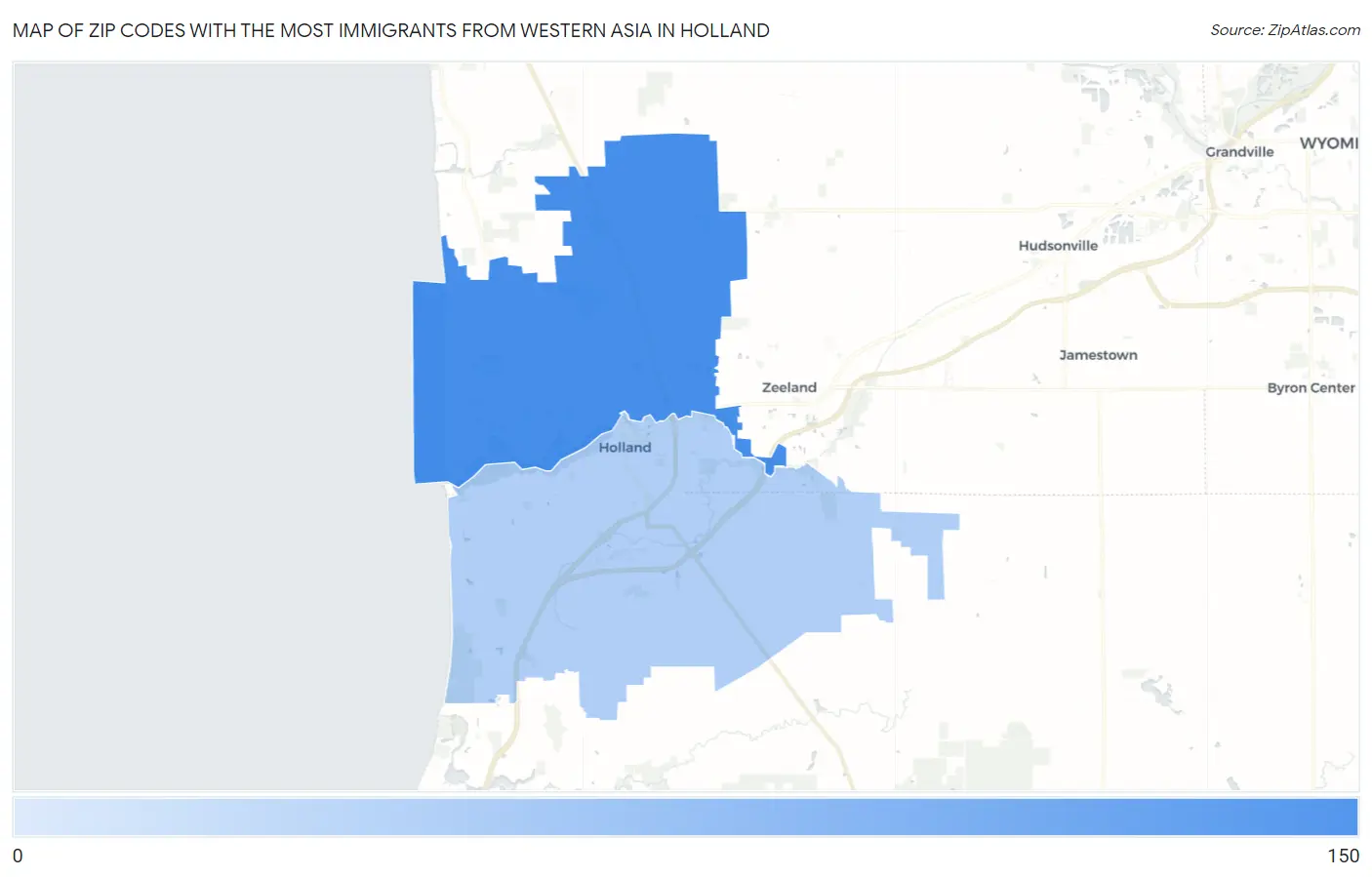 Zip Codes with the Most Immigrants from Western Asia in Holland Map