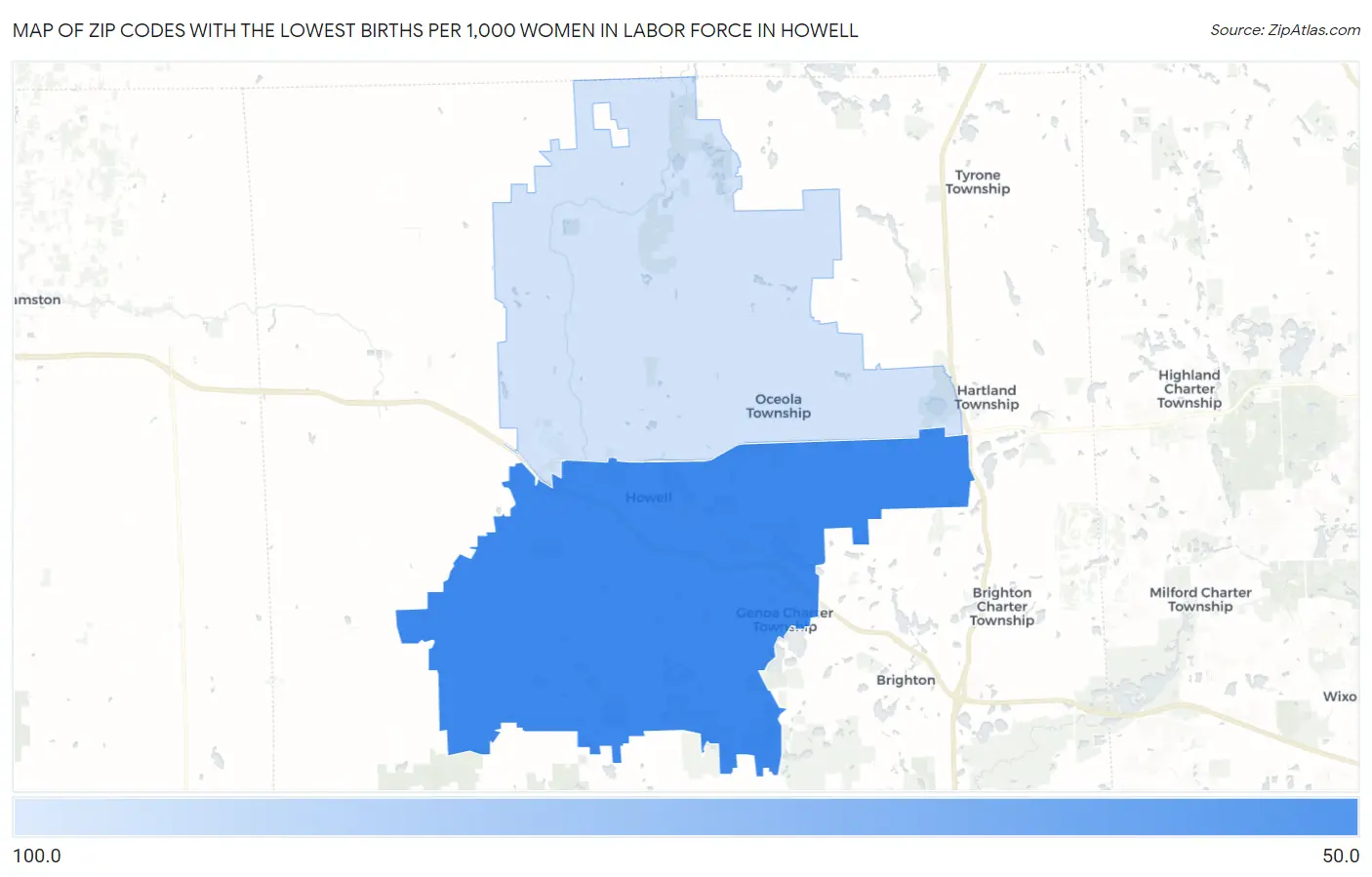 Zip Codes with the Lowest Births per 1,000 Women in Labor Force in Howell Map