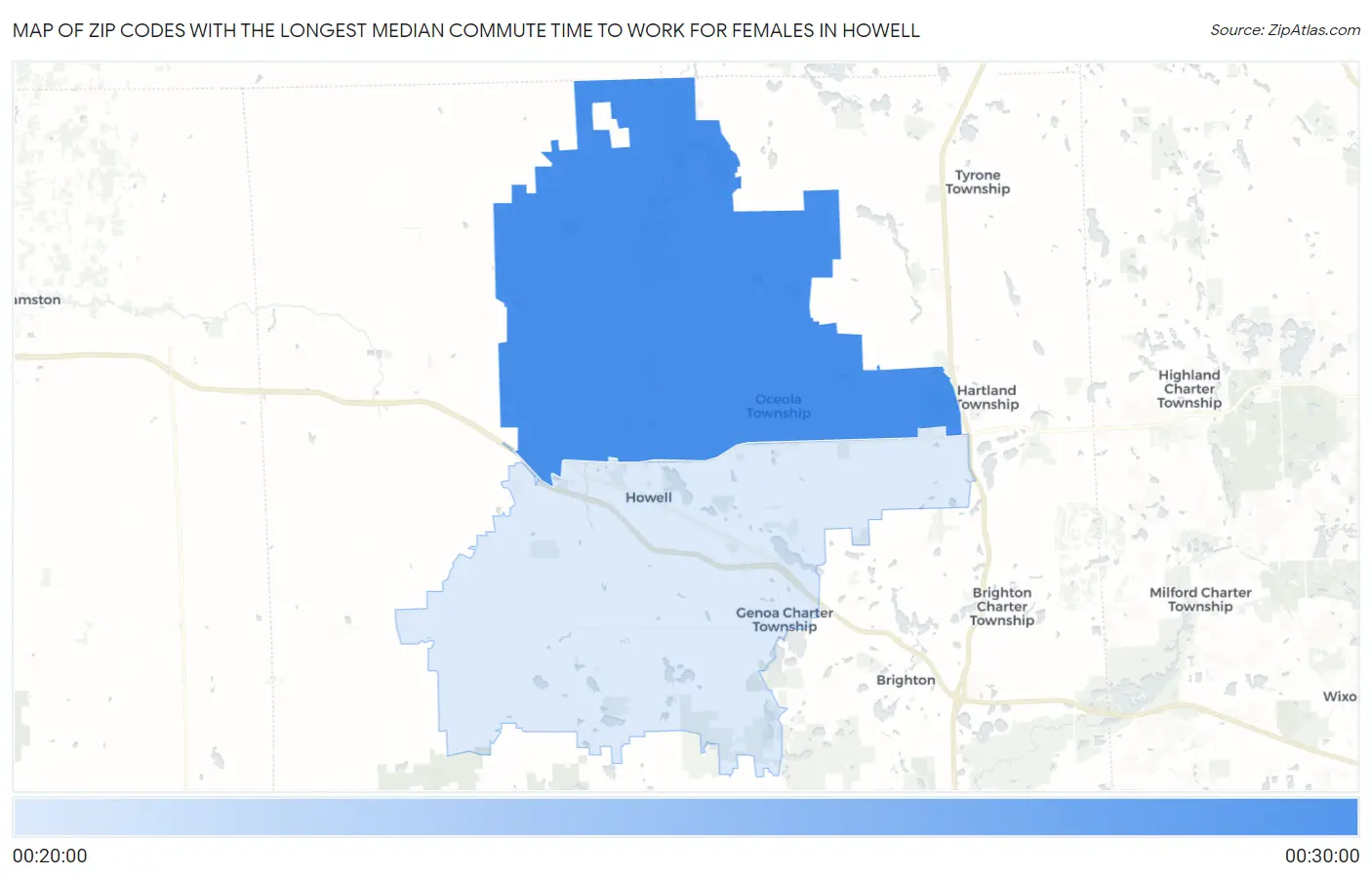 Zip Codes with the Longest Median Commute Time to Work for Females in Howell Map
