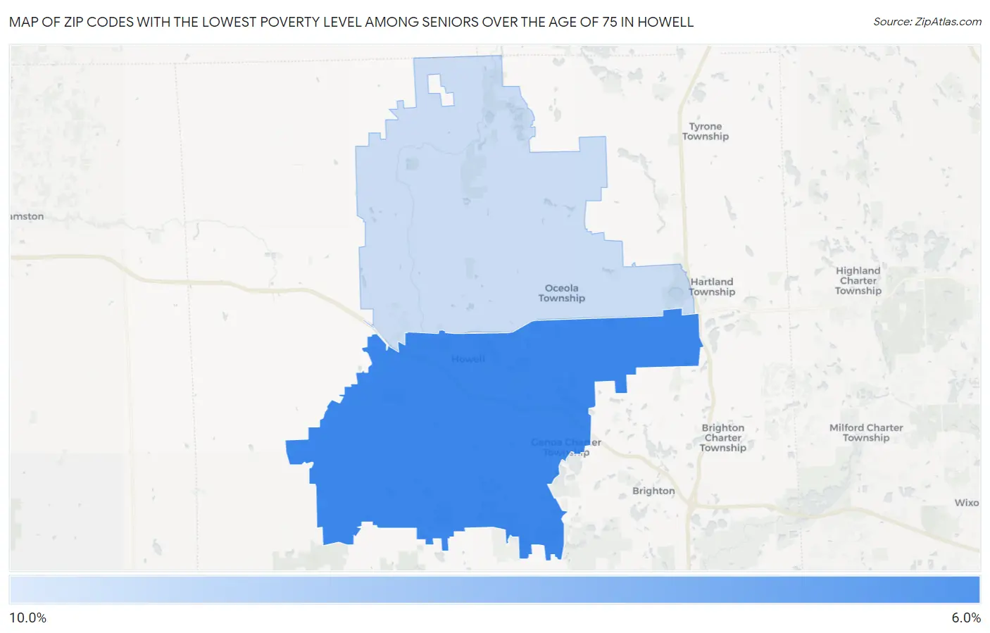 Zip Codes with the Lowest Poverty Level Among Seniors Over the Age of 75 in Howell Map