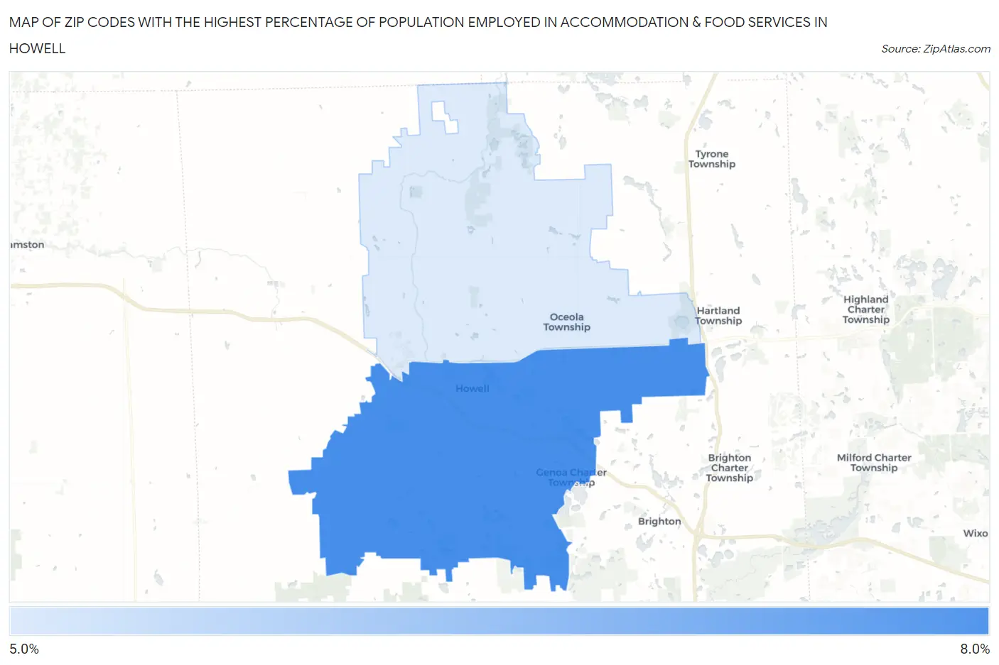 Zip Codes with the Highest Percentage of Population Employed in Accommodation & Food Services in Howell Map
