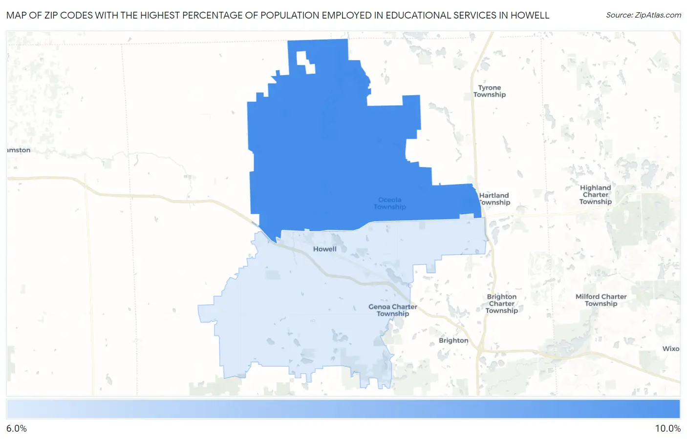 Zip Codes with the Highest Percentage of Population Employed in Educational Services in Howell Map