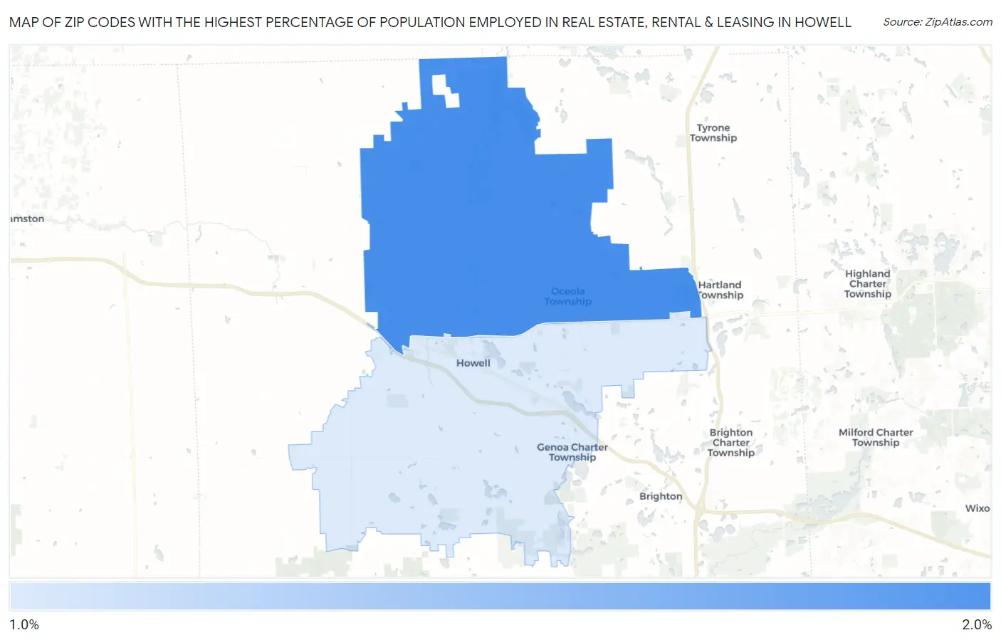 Zip Codes with the Highest Percentage of Population Employed in Real Estate, Rental & Leasing in Howell Map