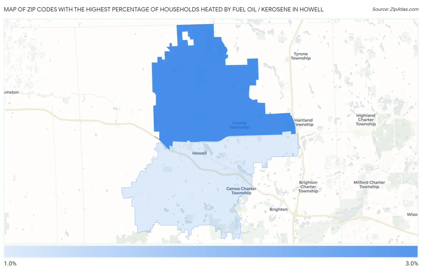 Zip Codes with the Highest Percentage of Households Heated by Fuel Oil / Kerosene in Howell Map