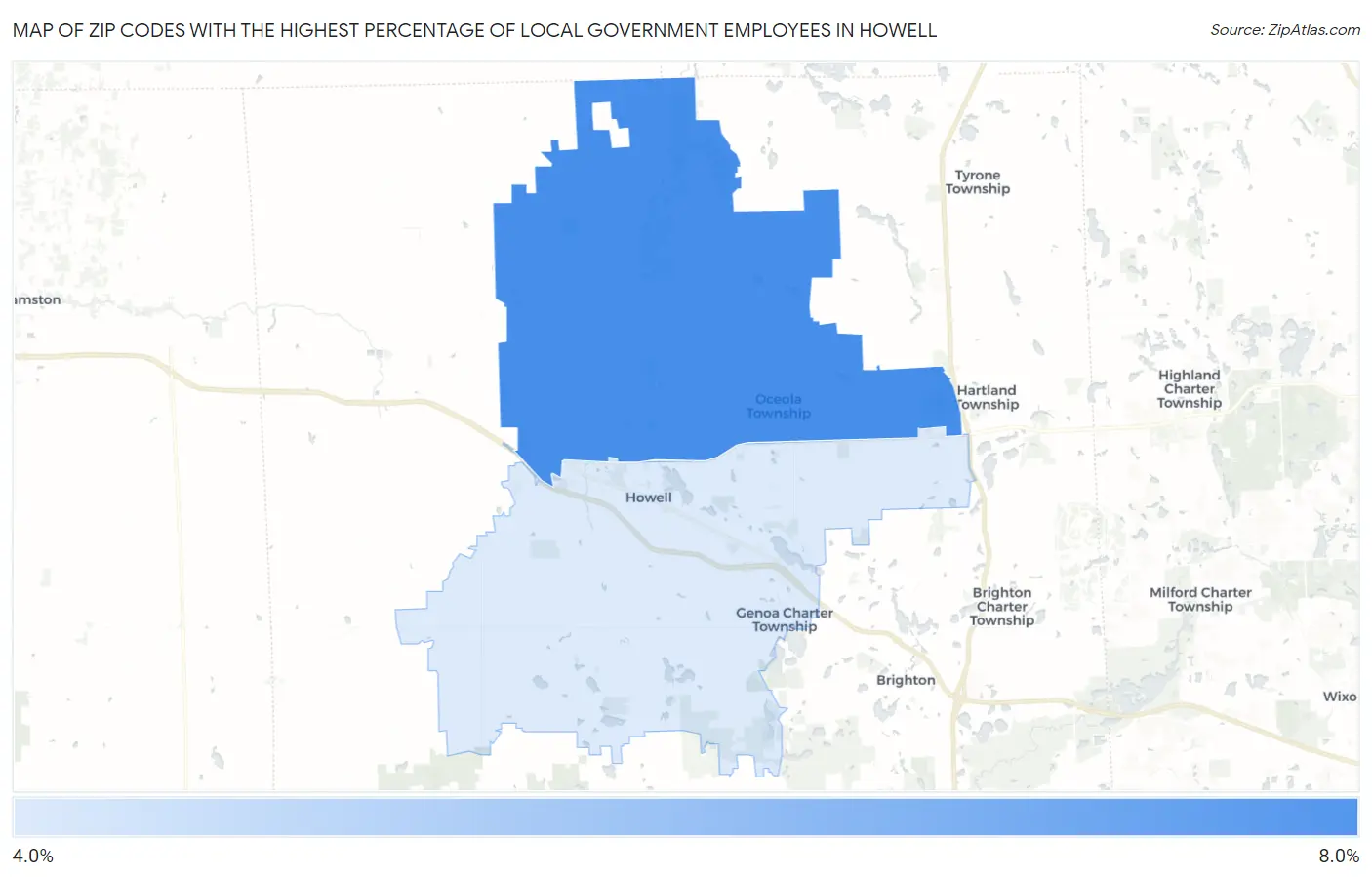Zip Codes with the Highest Percentage of Local Government Employees in Howell Map
