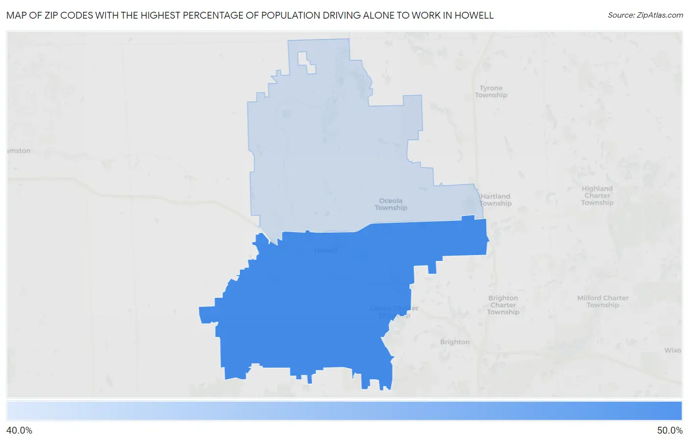 Zip Codes with the Highest Percentage of Population Driving Alone to Work in Howell Map