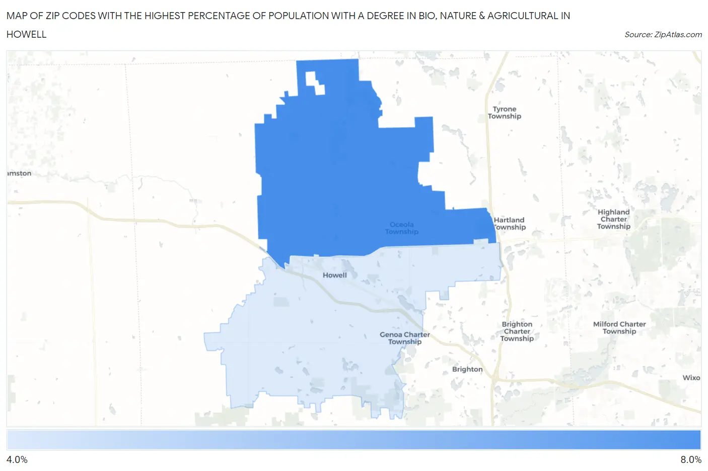 Zip Codes with the Highest Percentage of Population with a Degree in Bio, Nature & Agricultural in Howell Map