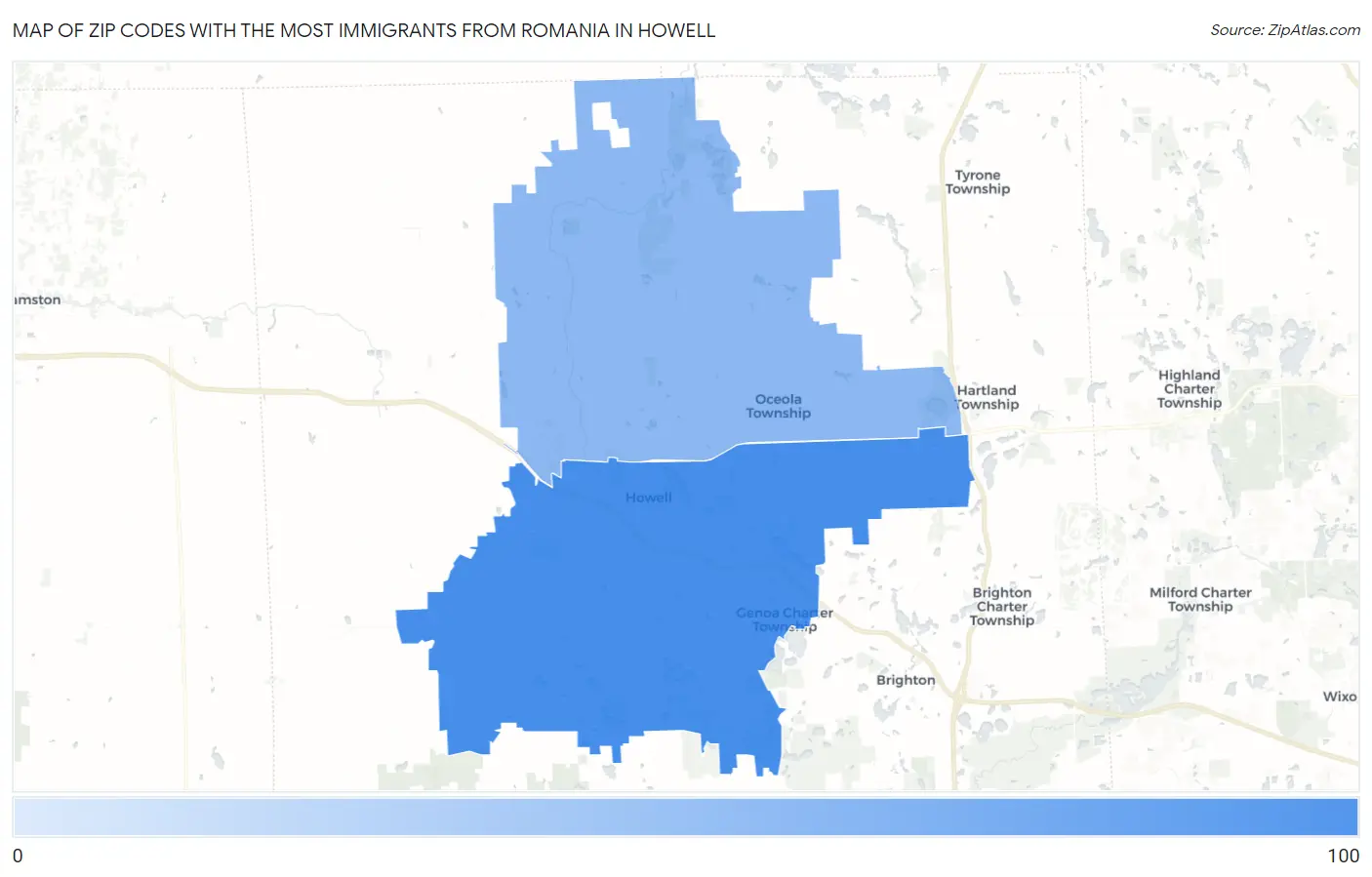 Zip Codes with the Most Immigrants from Romania in Howell Map