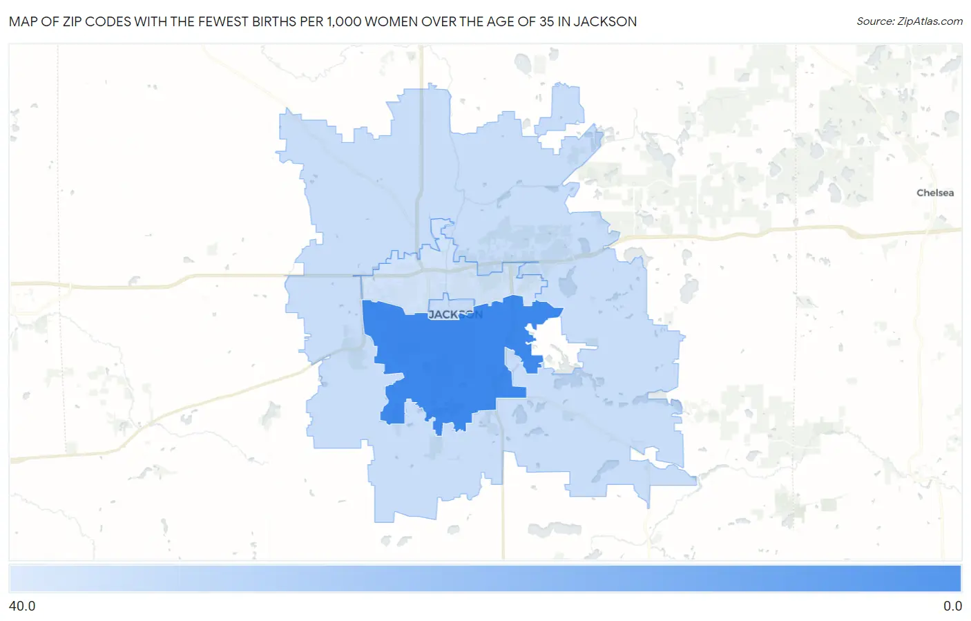 Zip Codes with the Fewest Births per 1,000 Women Over the Age of 35 in Jackson Map