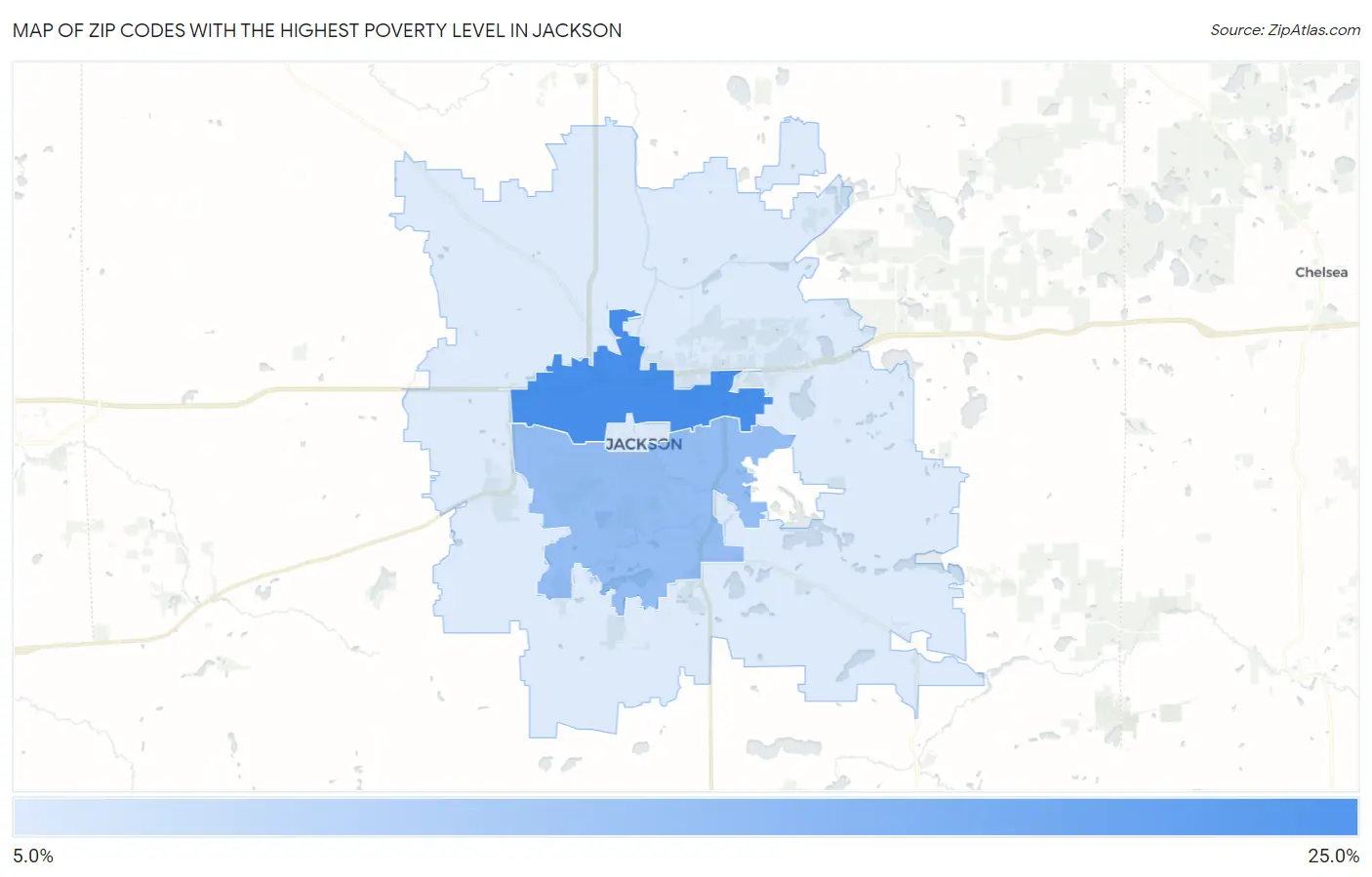 Zip Codes with the Highest Poverty Level in Jackson Map