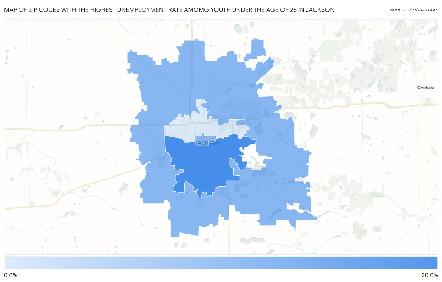 Zip Codes with the Highest Unemployment Rate Amomg Youth Under the Age of 25 in Jackson Map