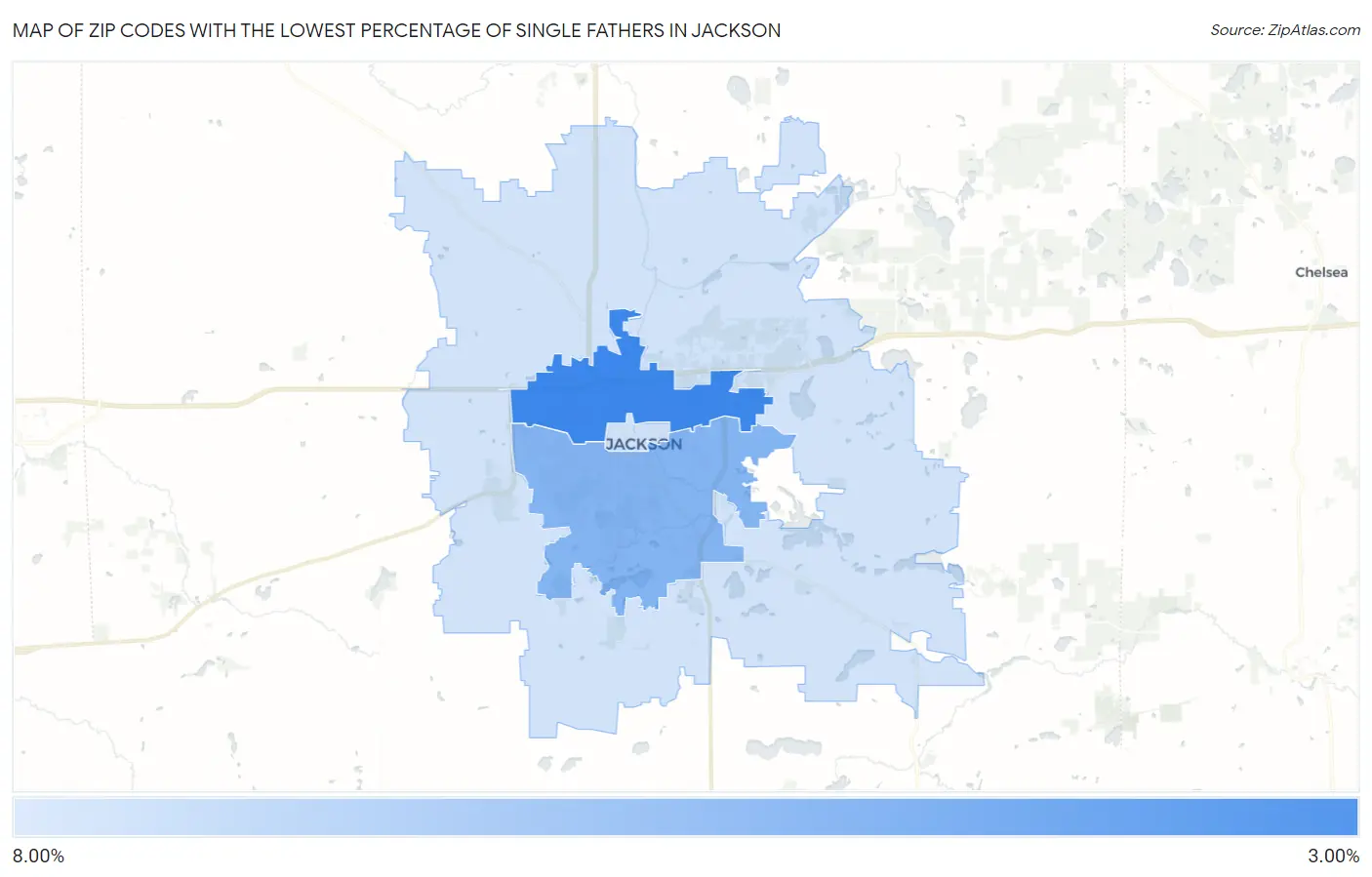 Zip Codes with the Lowest Percentage of Single Fathers in Jackson Map
