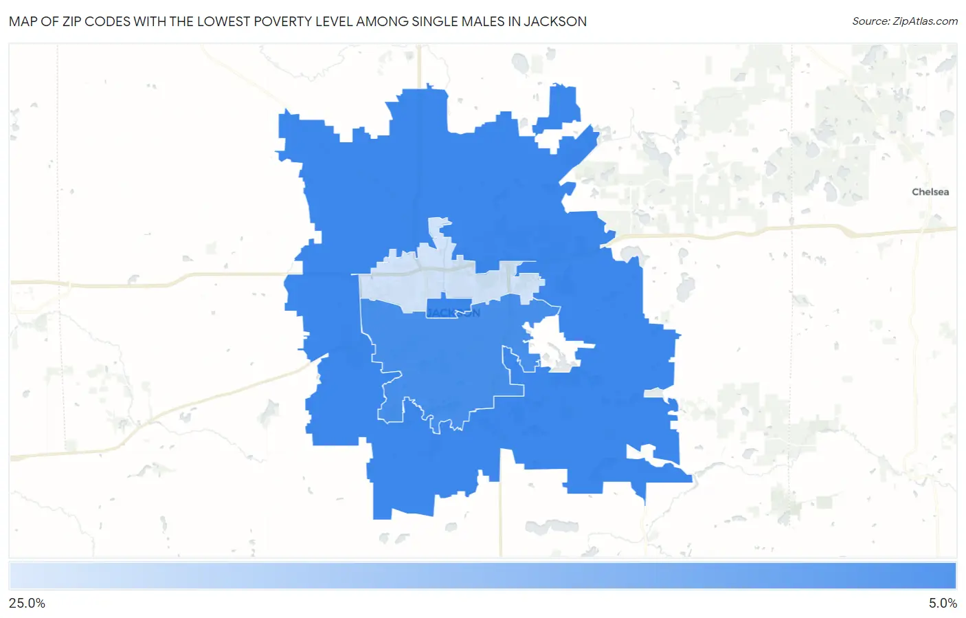 Zip Codes with the Lowest Poverty Level Among Single Males in Jackson Map