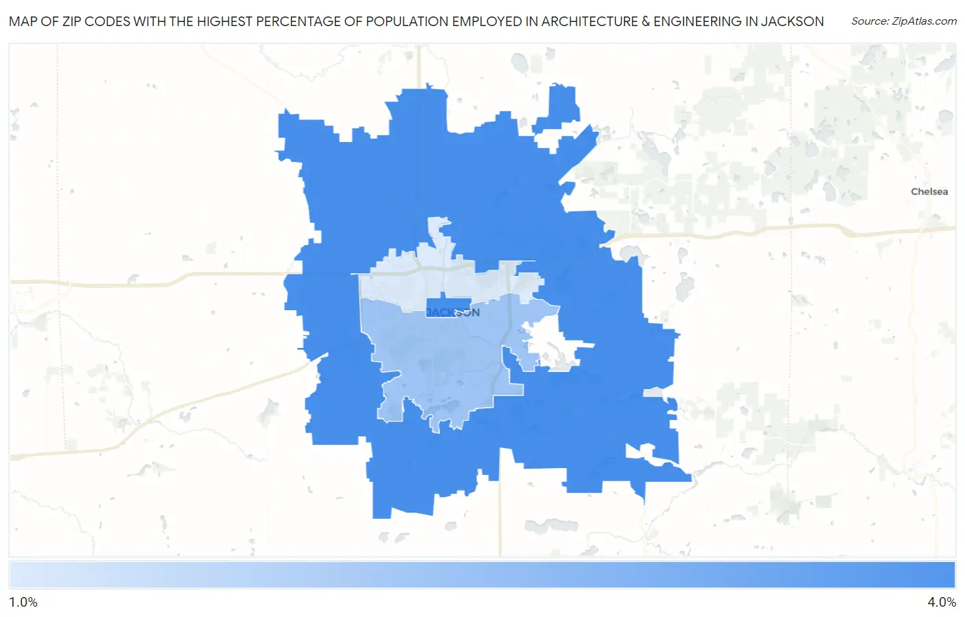 Zip Codes with the Highest Percentage of Population Employed in Architecture & Engineering in Jackson Map