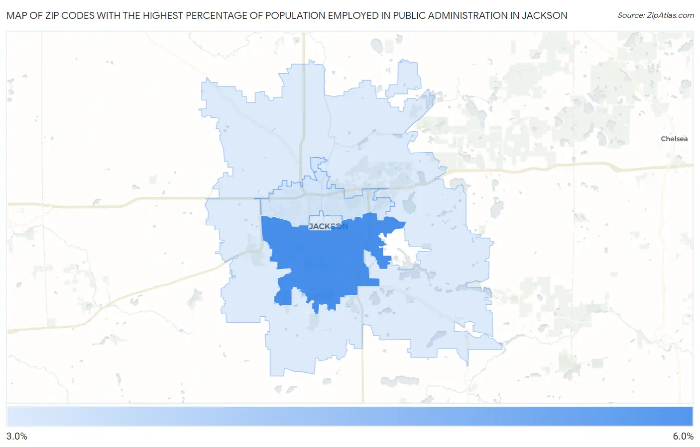 Zip Codes with the Highest Percentage of Population Employed in Public Administration in Jackson Map