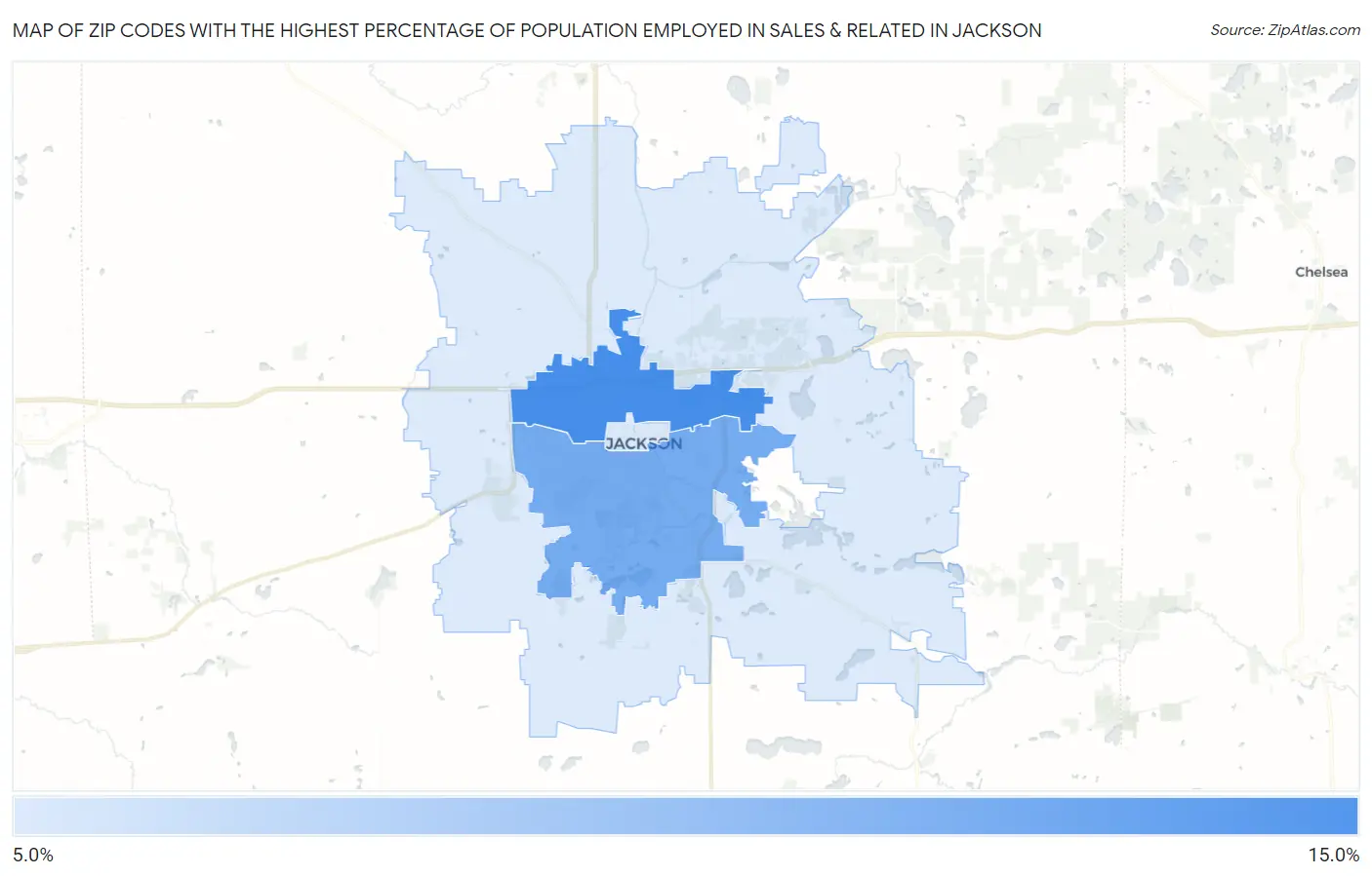 Zip Codes with the Highest Percentage of Population Employed in Sales & Related in Jackson Map