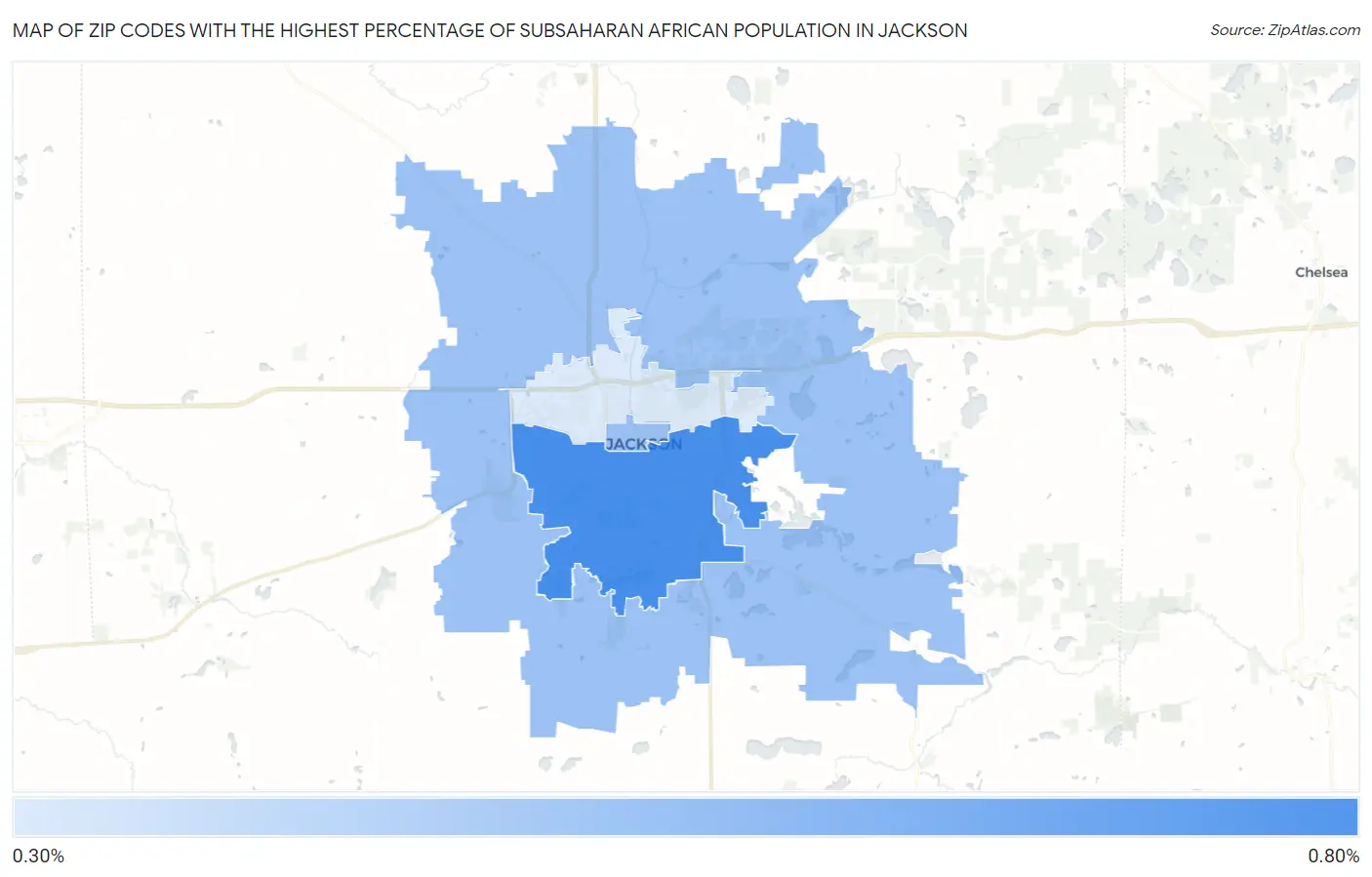 Zip Codes with the Highest Percentage of Subsaharan African Population in Jackson Map