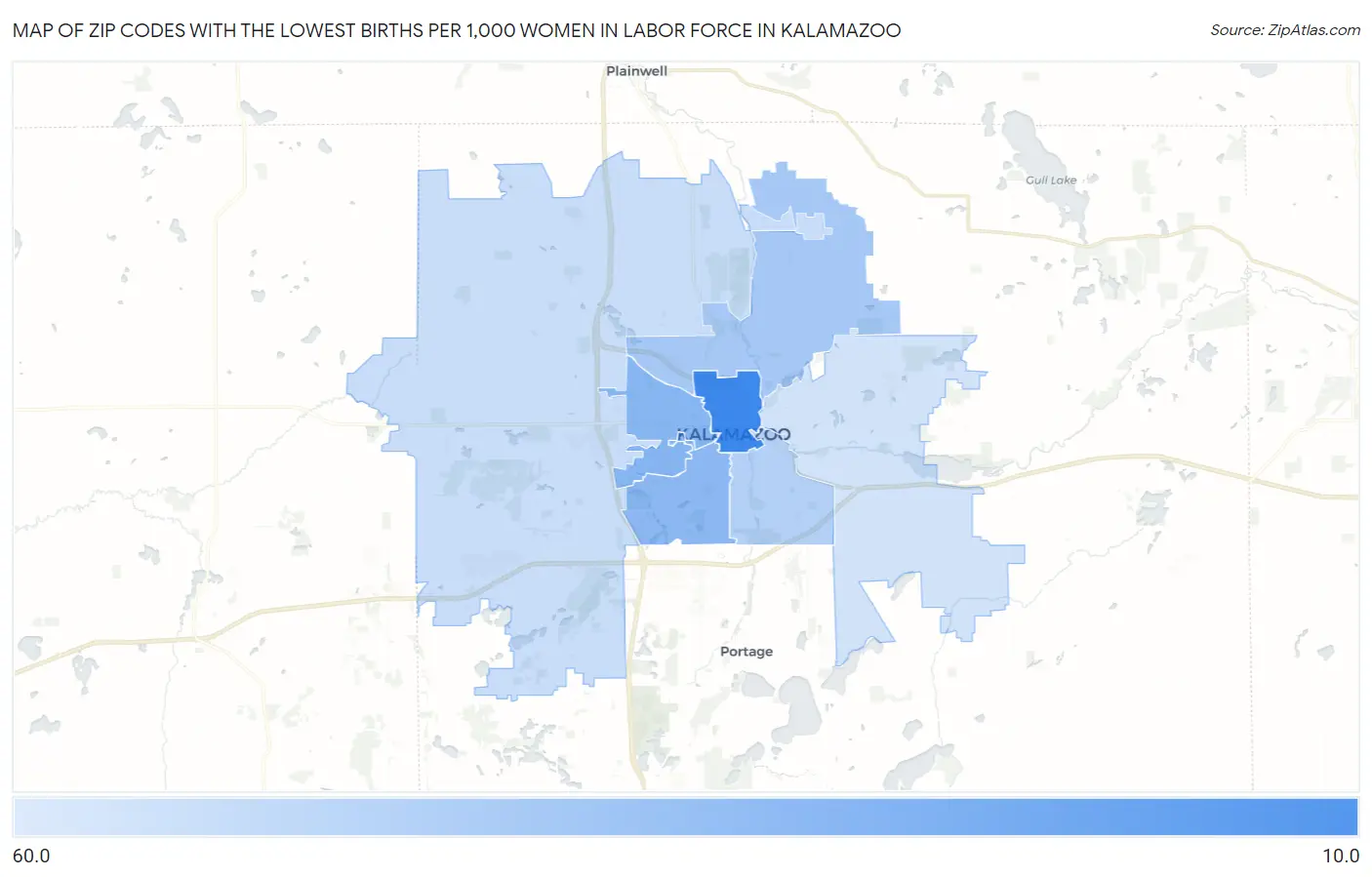 Zip Codes with the Lowest Births per 1,000 Women in Labor Force in Kalamazoo Map