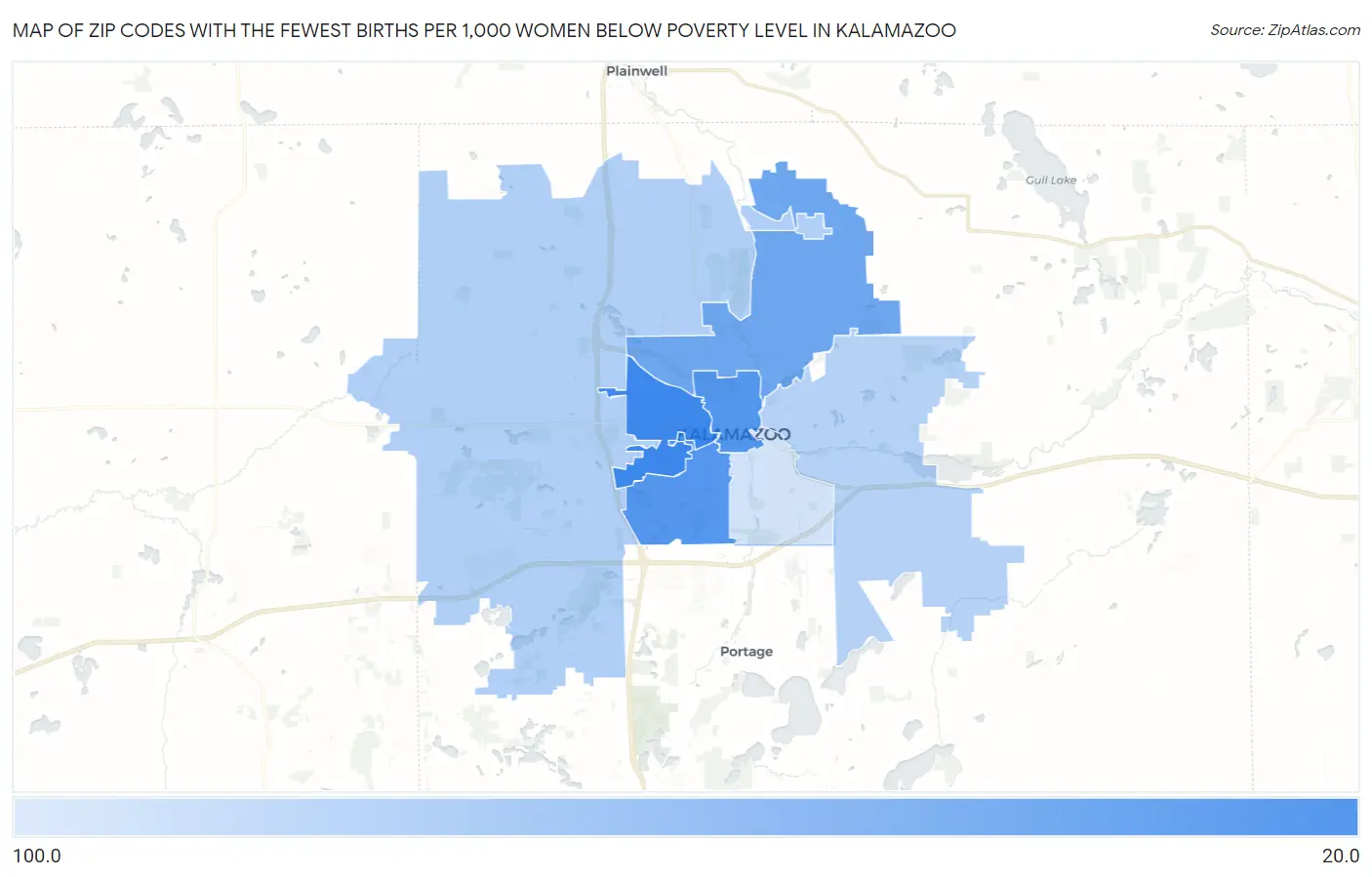 Zip Codes with the Fewest Births per 1,000 Women Below Poverty Level in Kalamazoo Map