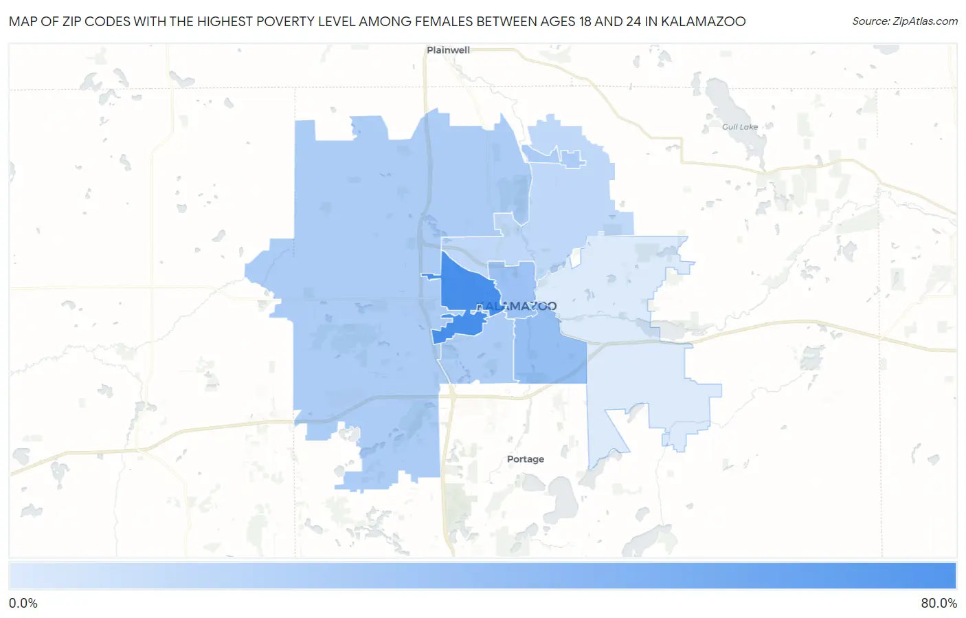 Zip Codes with the Highest Poverty Level Among Females Between Ages 18 and 24 in Kalamazoo Map